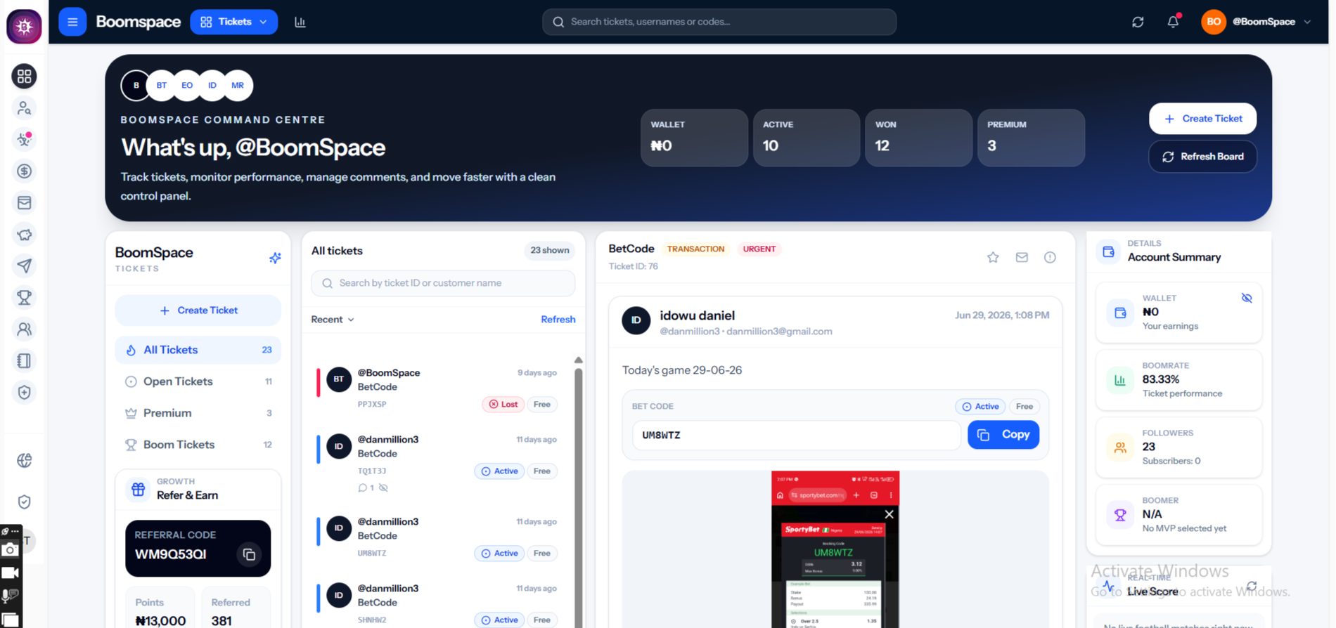 Boomspace command centre dashboard screenshot