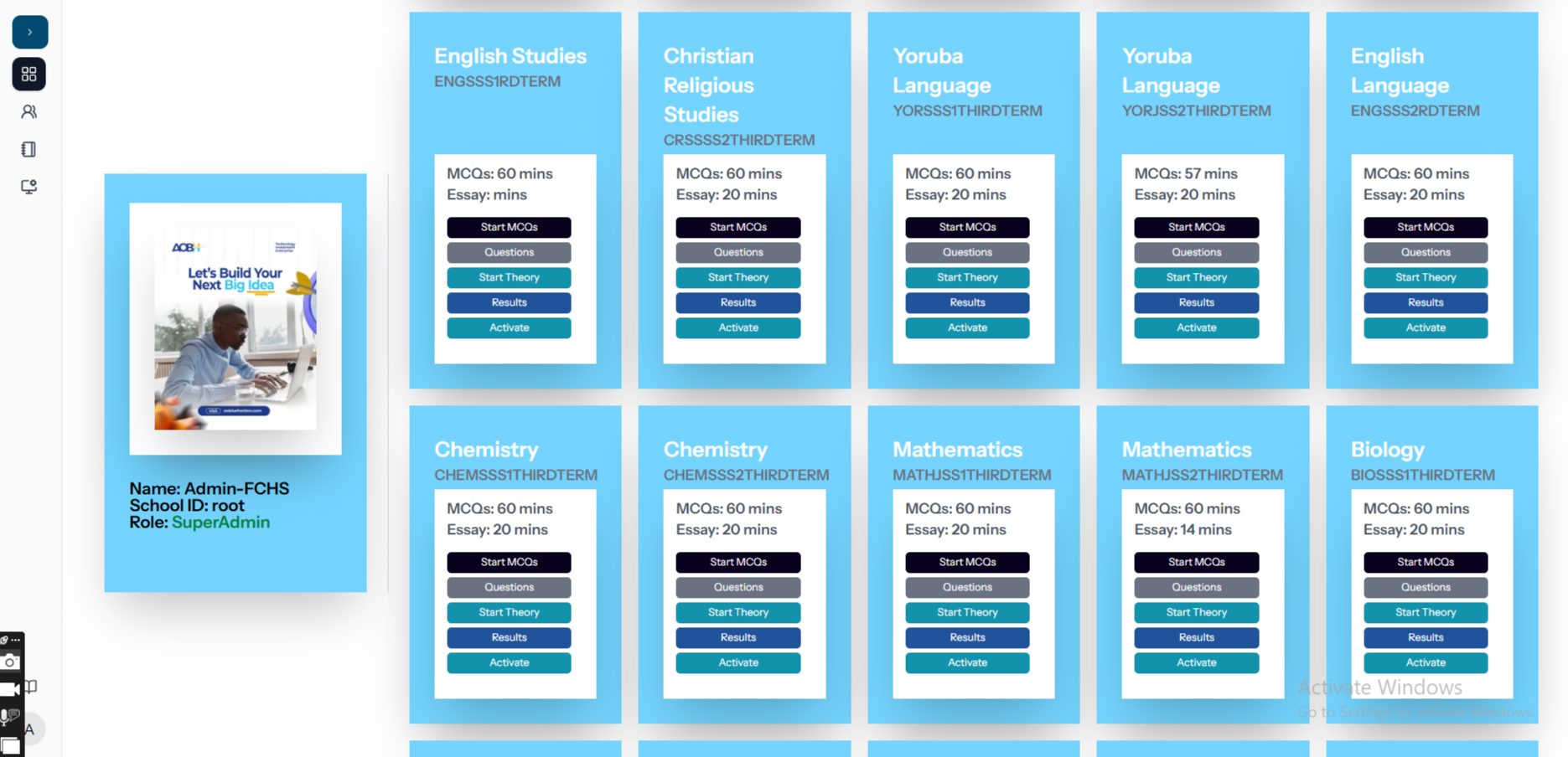 Computer based test exam dashboard screenshot