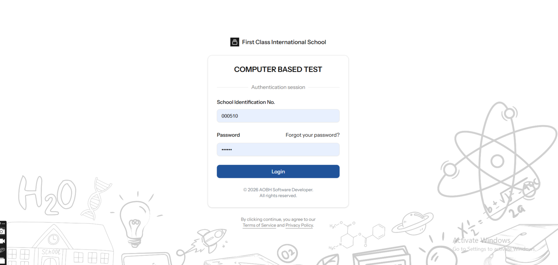 Computer based test login screenshot