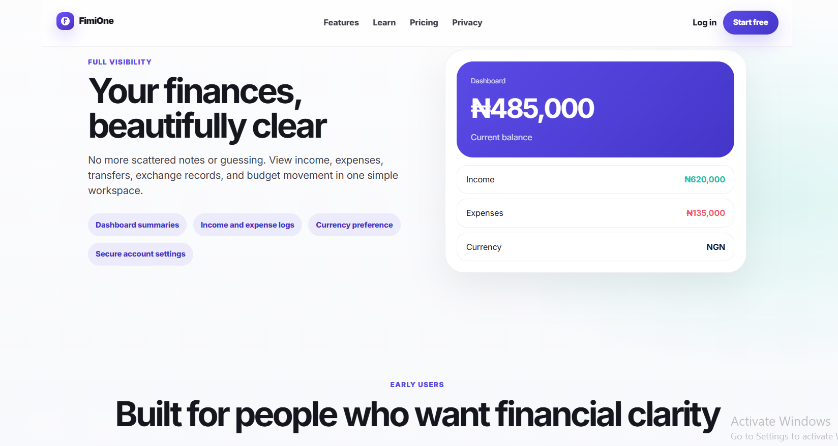 FimiOne finance dashboard section screenshot