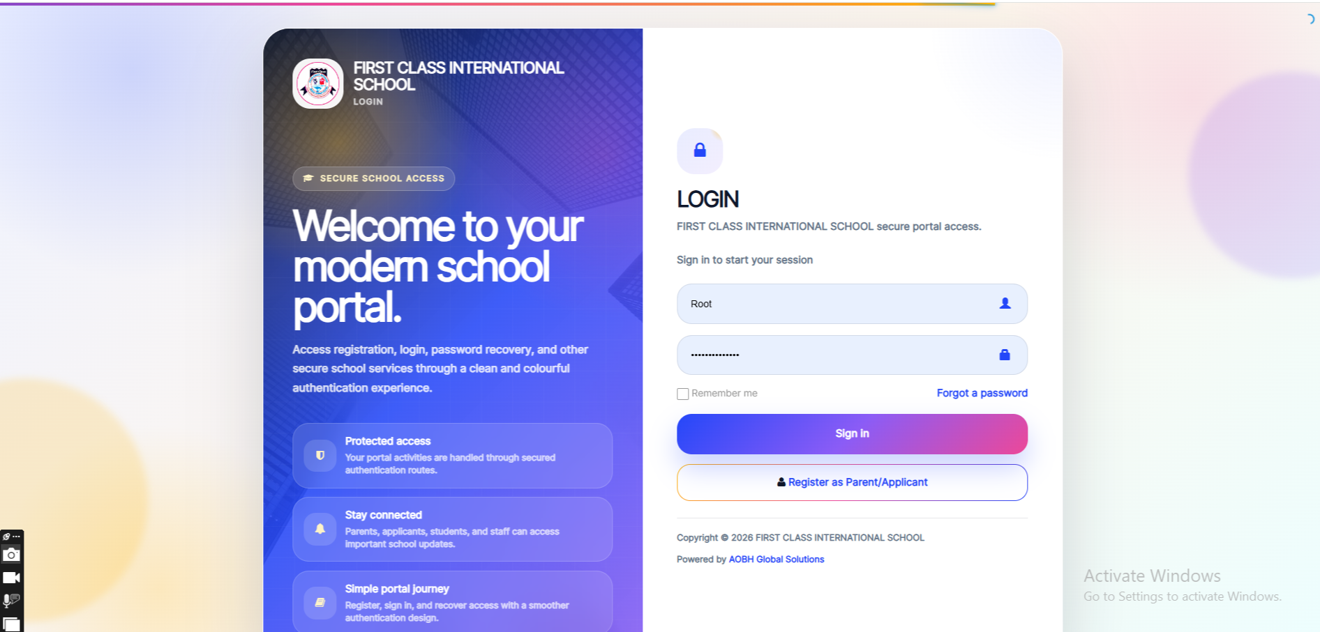First Class International School portal login screenshot