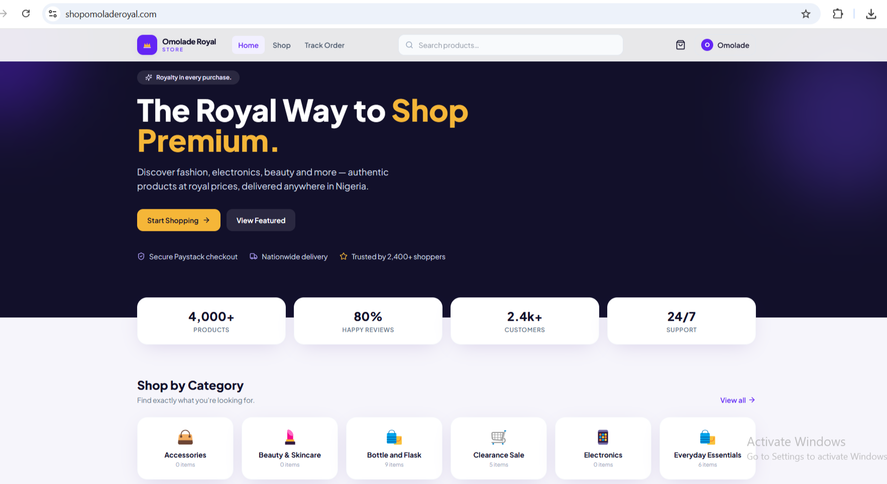 Shop Omolade Royal homepage screenshot